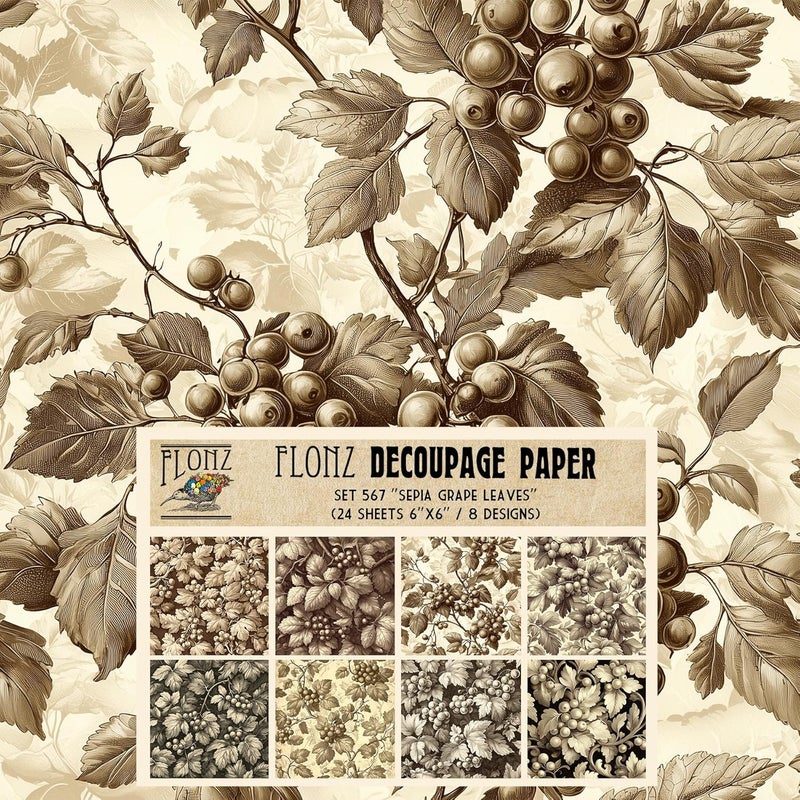 Decoupage Paper Pack (24 Sheets 6"x6") Sepia Grape Leaves: Vintage Botanical Grape Leaf Patterns for Rustic and Natural-Themed Craft Projects # Vintage Styled Paper for Craft and Scrapbooking